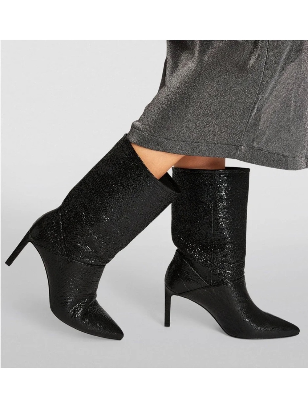 ALLSAINTS Orlana Heeled Shimmer Pointed Toe Leather Calf Boots in Metallic Black